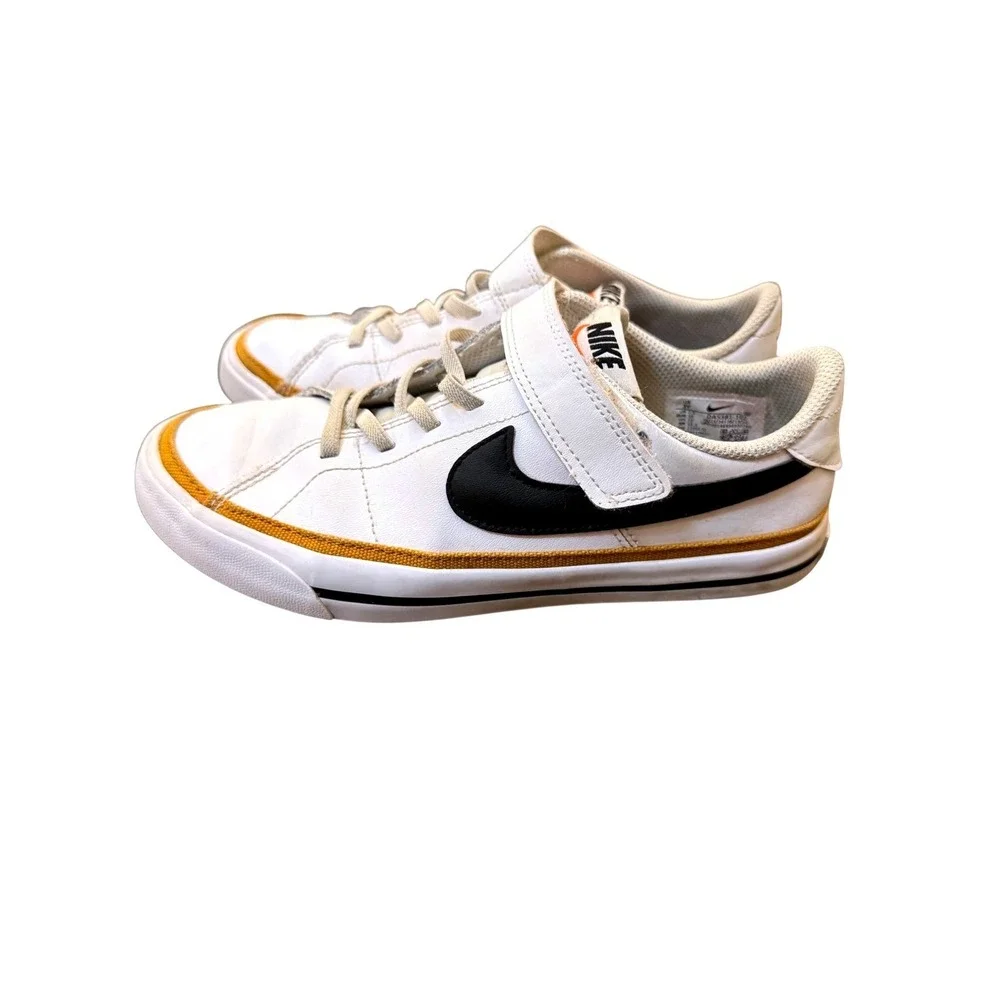 Nike Court Legacy Kids White Black Mustard Leather Sneakers‎ Size 3Y Boys